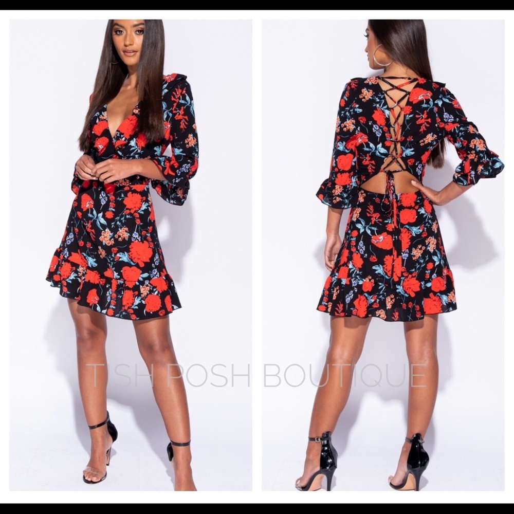 BELLA Black and Red Floral Dress - Picture 8 of 8